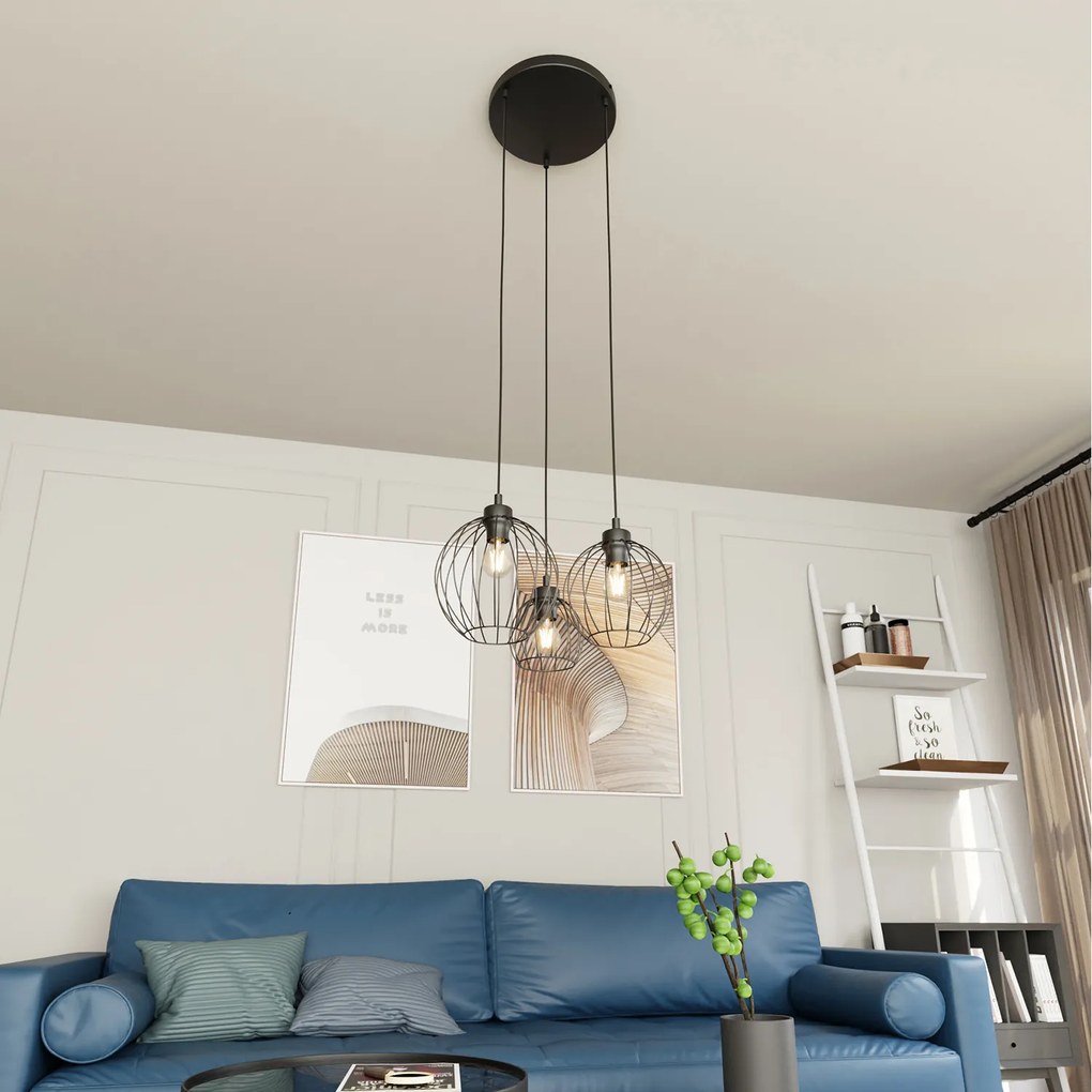 Sospensione Minimal Industrial Hathor 3 Luci Tonda Nera