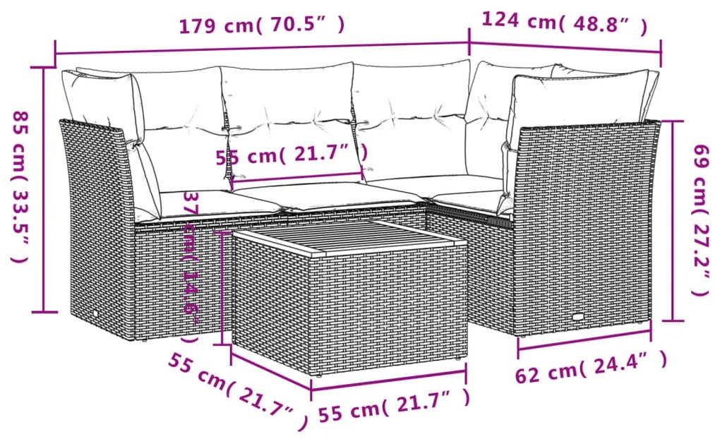 Set divani da giardino 5 pz con cuscini in polyrattan nero