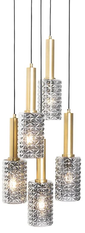 Lampada a sospensione oro con vetro fumé rotondo 5 luci - Elva