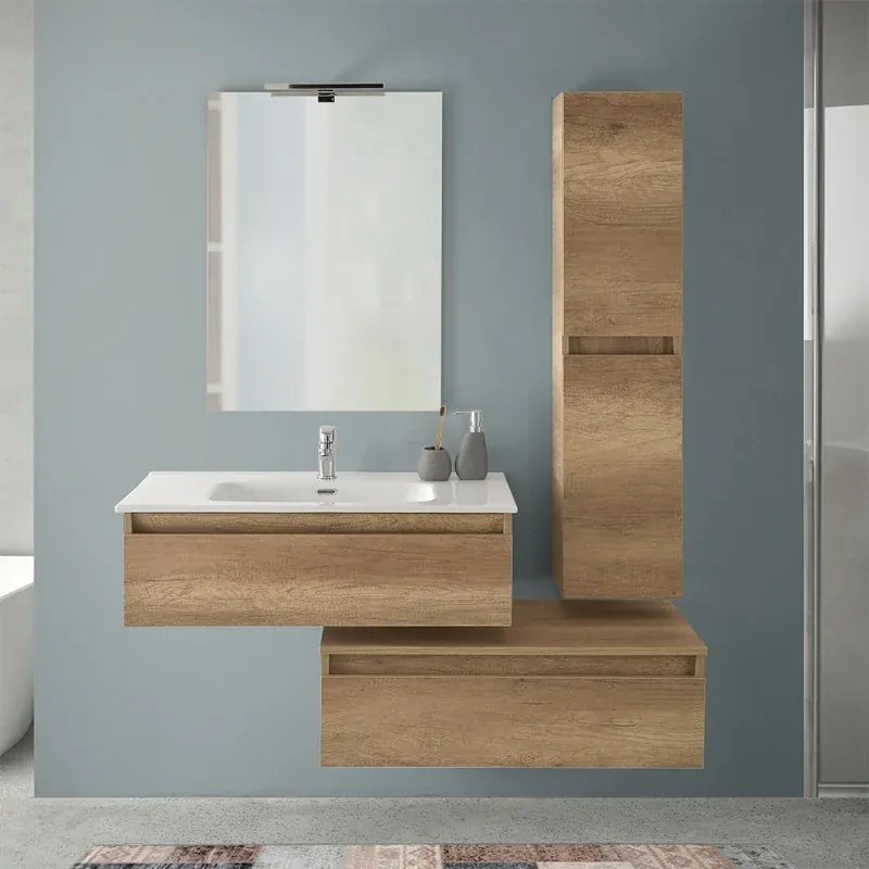 Mobile bagno sospeso 90 rovere naturale con base lavabo e cassetto Nadia