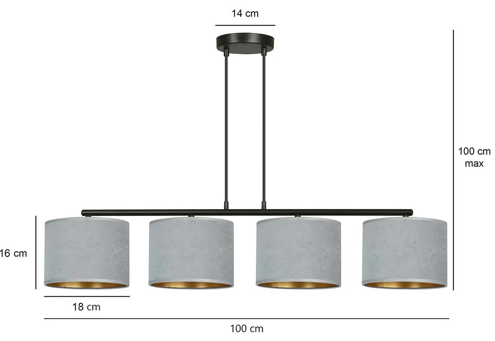 Lampadario 4 Luci Ganesha In Acciaio Nero E Paralumi In Tessuto Grigio
