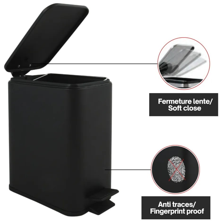 Cestino per la spazzatura nero opaco in acciaio con pedale 5 l Erik – Spirella