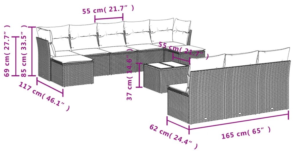 Set divani da giardino 11 pz con cuscini in polyrattan nero