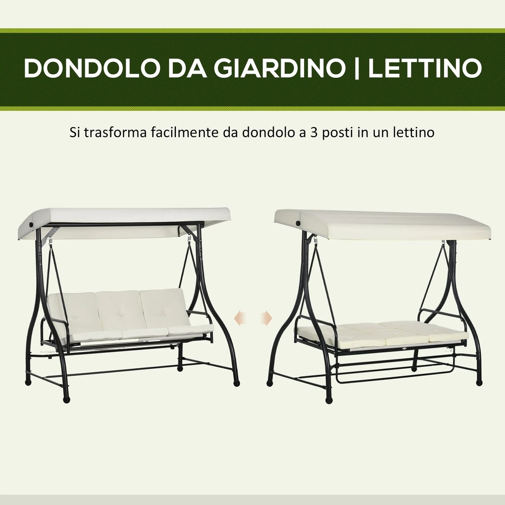 Dondolo Letto da Giardino 3 Posti con Tettuccio Regolabile 195x117x175 cm in Acciaio e Poliestere Crema e Nero...