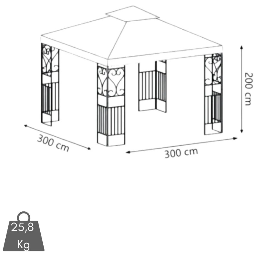 Gazebo da Giardino 3x3 Telo Poliestere 220 g/mq Ecrù, Struttura in Acciaio Verniciato, Doppio Tetto con Pannelli Laterali Decorati