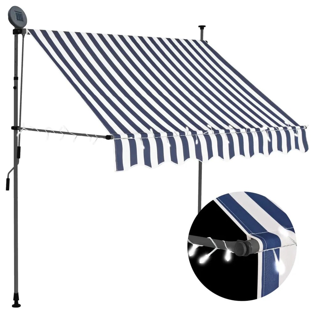 Tenda da Sole Retrattile Manuale con LED 200 cm Blu e Bianca