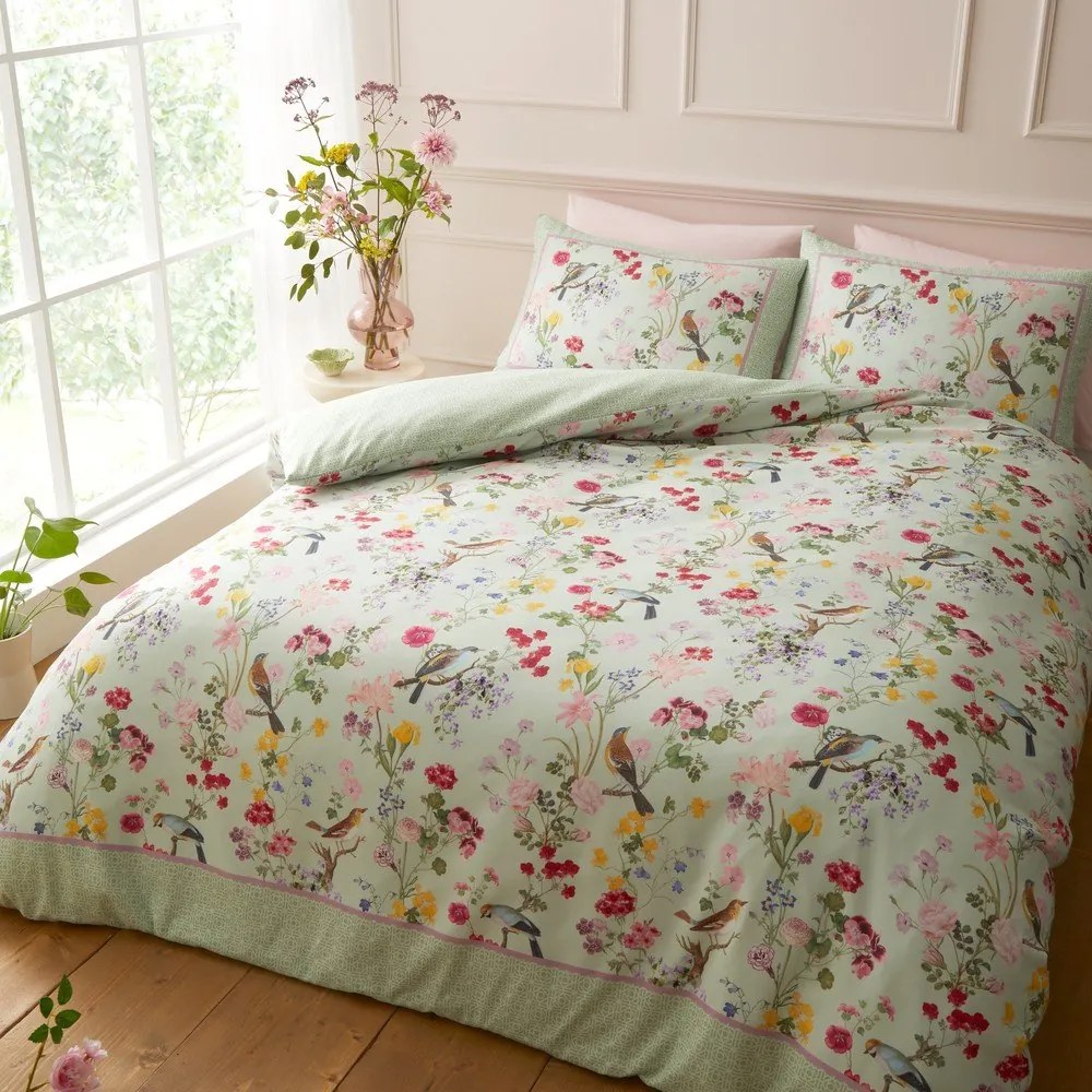 Set copripiumino e federa verde per letto matrimoniale 3 pezzi 200x200 cm Birds In Bloom – RHS