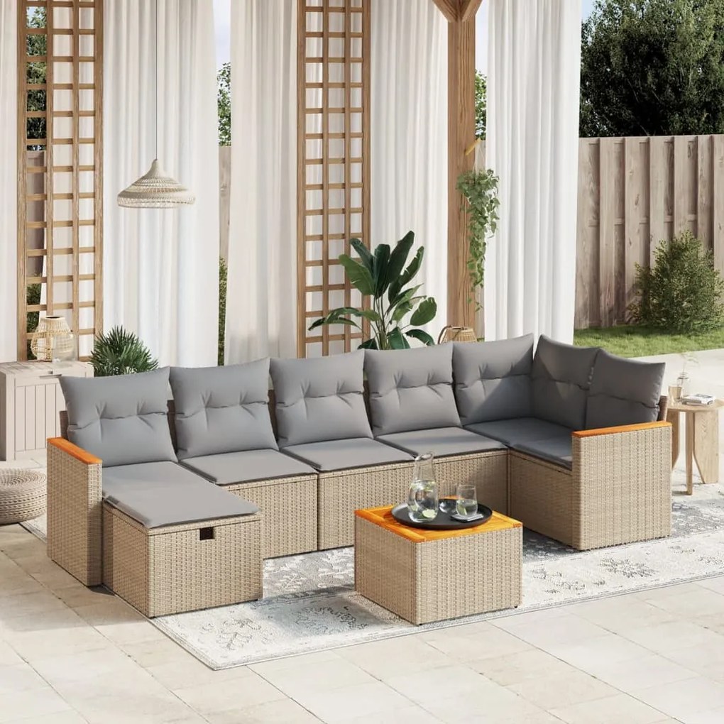 Set Divano da Giardino 8 pz con Cuscini Beige Misto Polyrattan