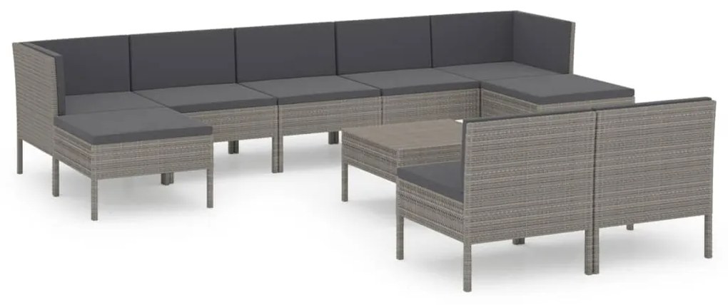 Set divani da giardino 10 pz con cuscini in polyrattan grigio