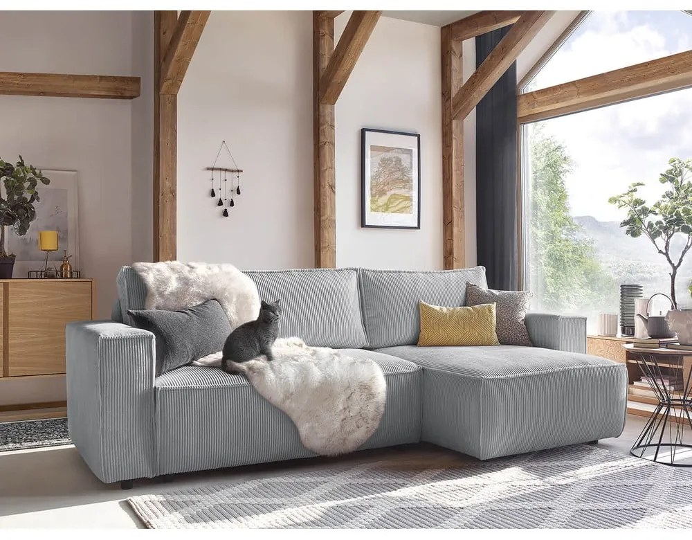 Divano letto a coste grigio chiaro ad angolo variabile Nihad - Bobochic Paris