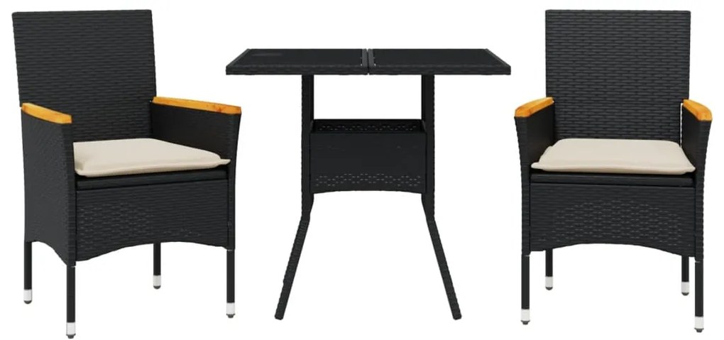 Set da pranzo da giardino 3 pz con cuscini polyrattan e vetro