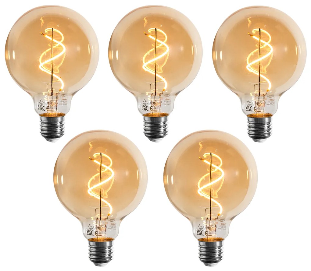 Set van 5 E27 dimbare LED lampen spiraal filament G95 goud 4W 270 lm 2100K