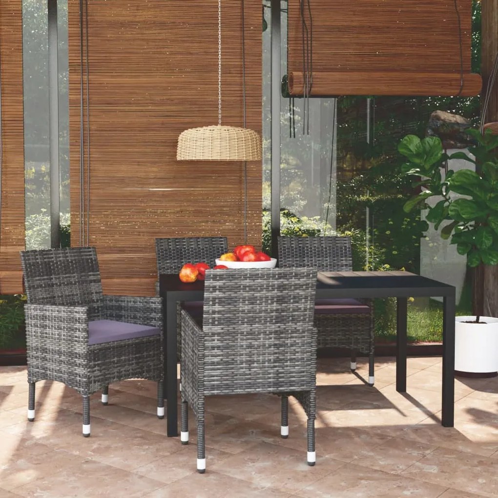 Set da pranzo per giardino 5 pz con cuscini polyrattan grigio