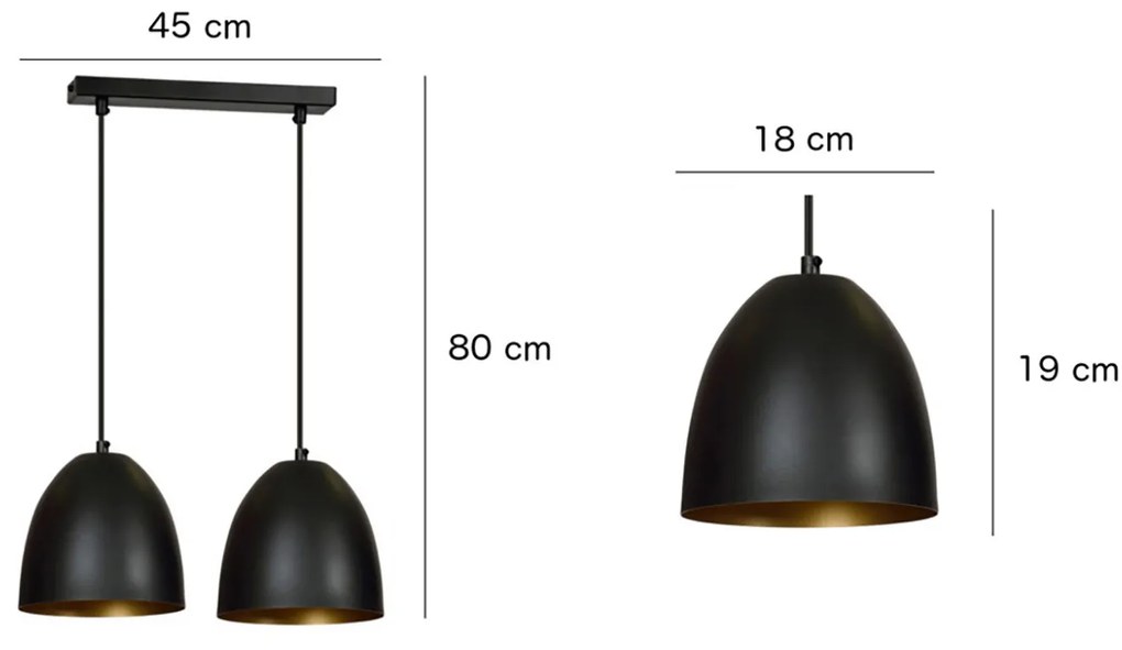 Lampadario 2 Luci Reartù In Acciaio Nero Con Cupole In Nero E Oro