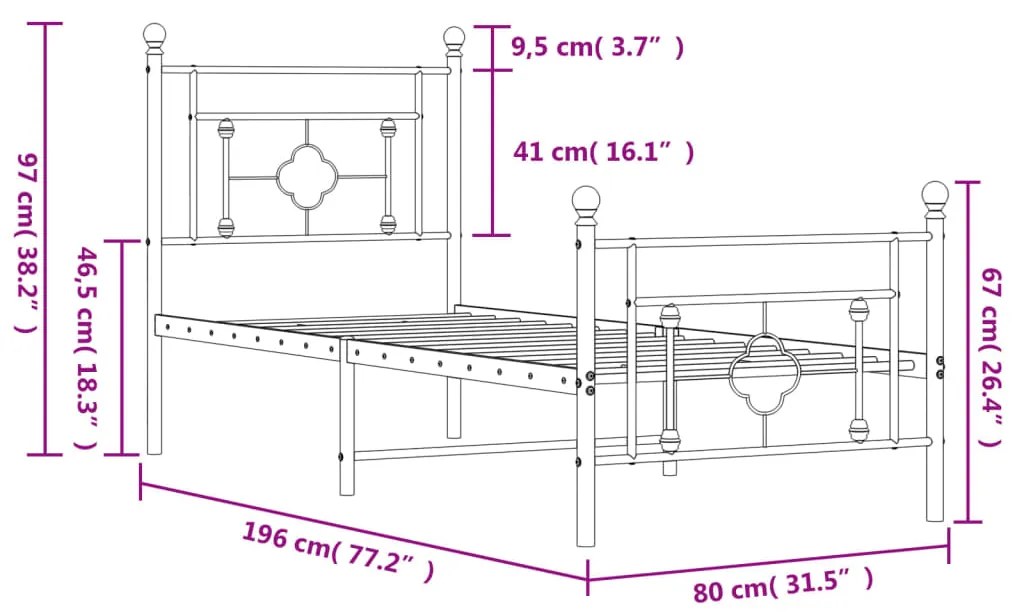 Giroletto con Testiera e Pediera Metallo Nero 75x190 cm