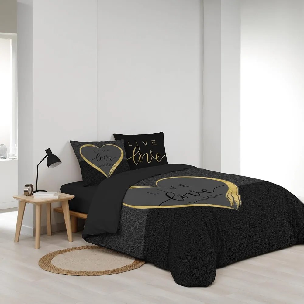 Set copripiumino e federa nero in cotone per letto matrimoniale 200x200 cm Crazy Love – douceur d'intérieur