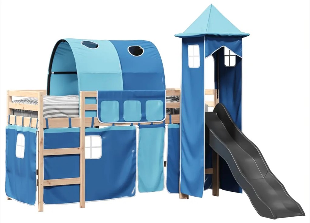 Letto a soppalco con torre bambini blu 90x190cm massello pino