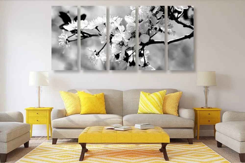 Quadri 5 pezzi – Fiore di ciliegio in bianco e nero