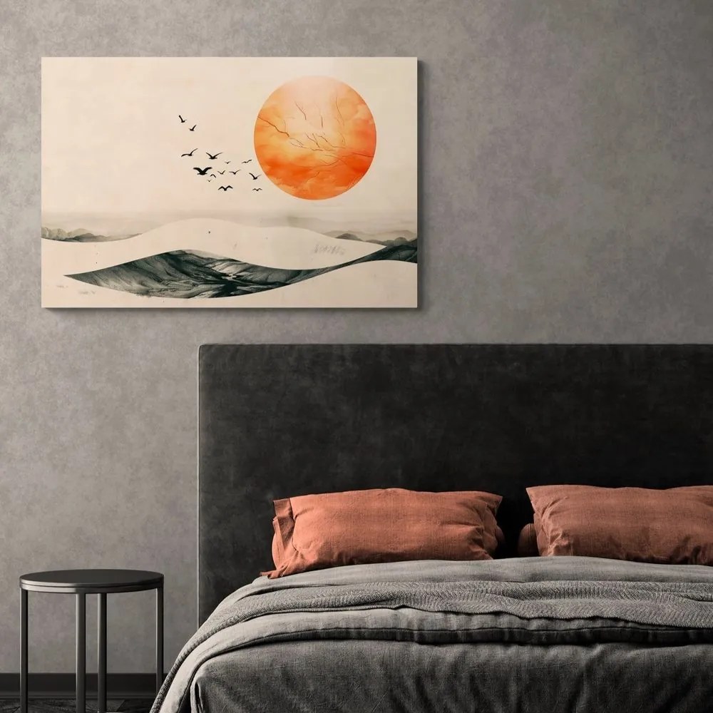 Stampa su tela – Japandi paesaggio con luna arancione