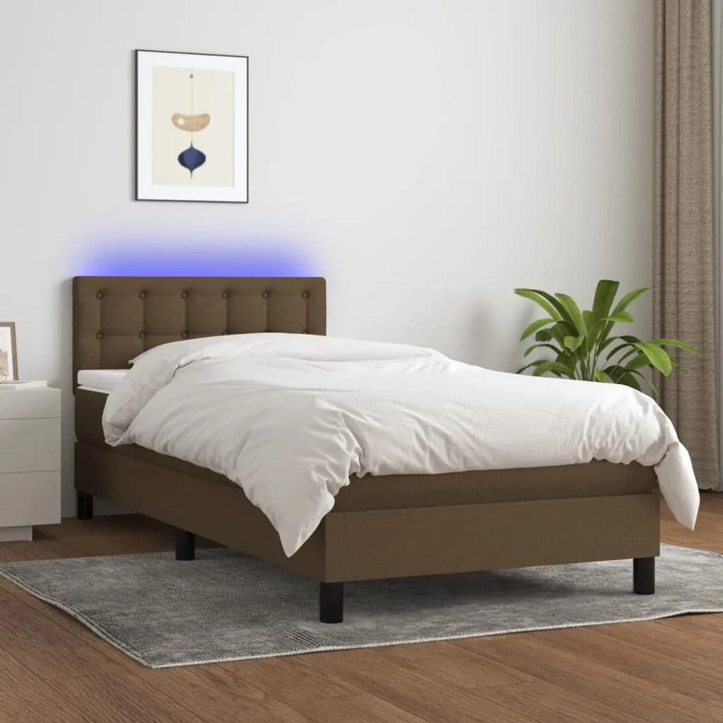 Letto a molle materasso e led marrone scuro 90x190cm in tessuto