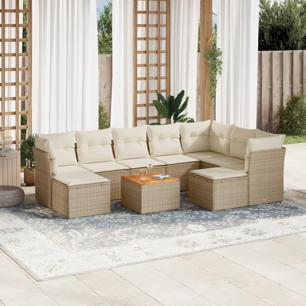 Set Divano da Giardino 10 pz con Cuscini Beige in Polyrattan