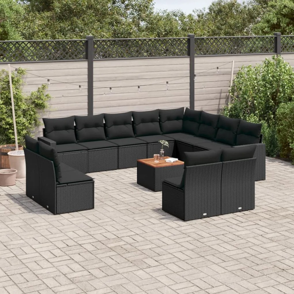 Set divani da giardino 13pz con cuscini nero in polyrattan