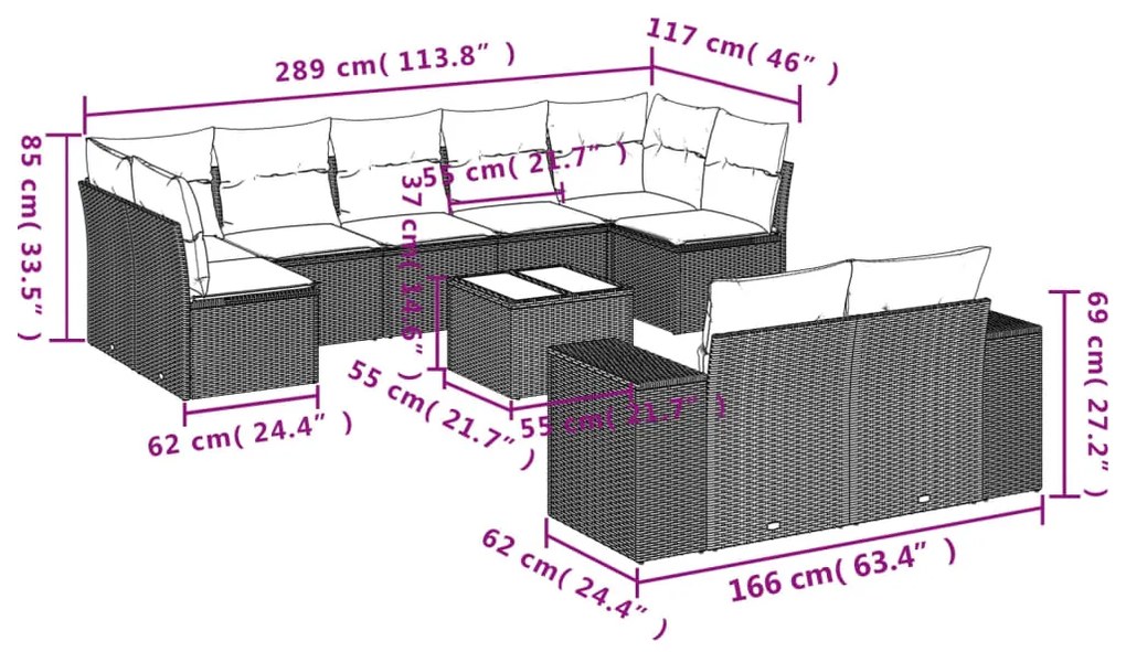 Set divano da giardino 10 pz con cuscini beige in polyrattan