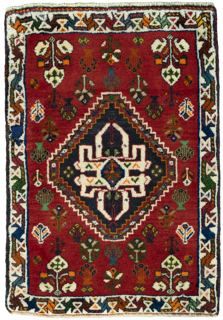 Shiraz Tappeto 70x50 Rosso (Iran) Annodato A Mano