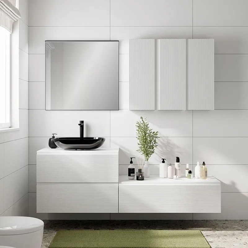 Mobile da bagno sospeso Step Rigato con top L 80.3 x H 30 x P 46 cm bianco, 1 cassetto,lavabo non incluso
