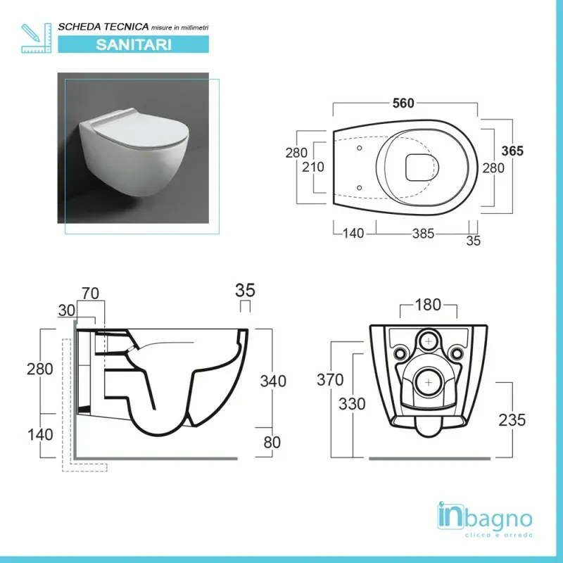 Wc singolo sospeso Simas Vignoni Rimless in ceramica bianco lucido