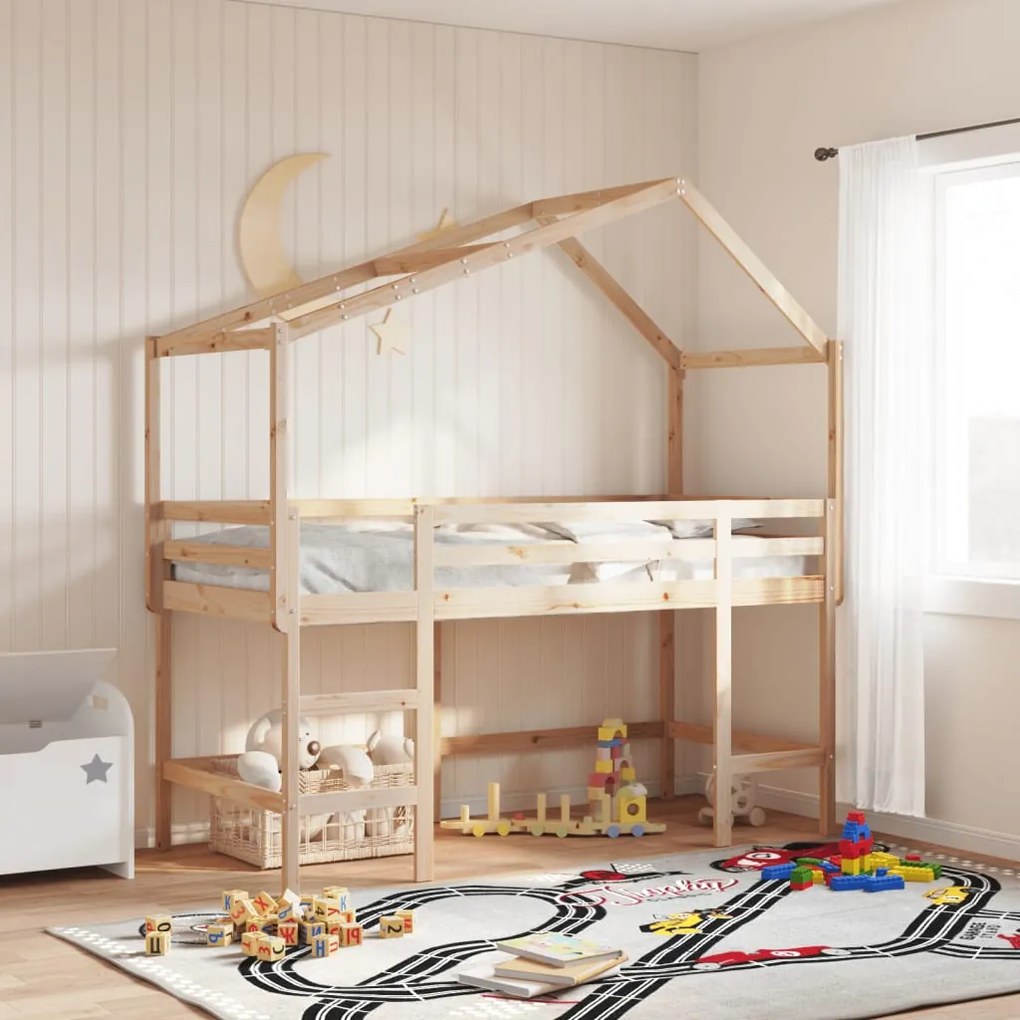 Letto Soppalco Con Scala E Tetto 90x200 Cm Legno Massello Pino /