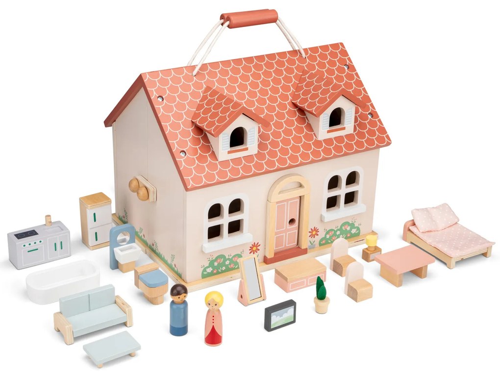 Casa delle bambole pieghevole in legno con mobili