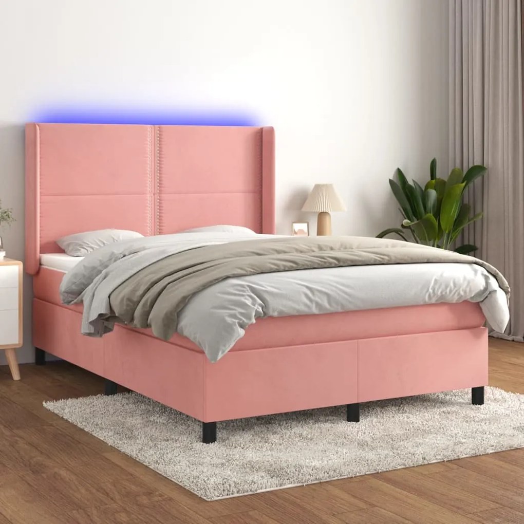 Letto a molle con materasso e led rosa 140x190 cm in velluto