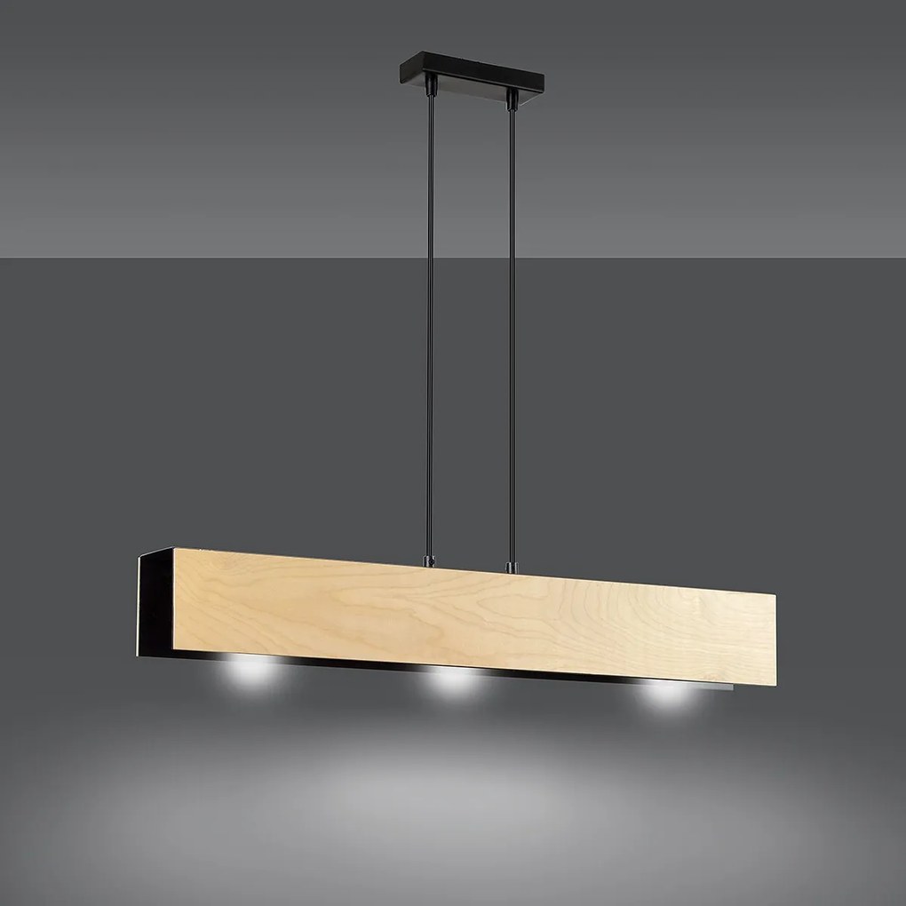 Lampadario 3 Luci Carlo In Acciaio Nero Corpo Rettangolare E Legno Naturale