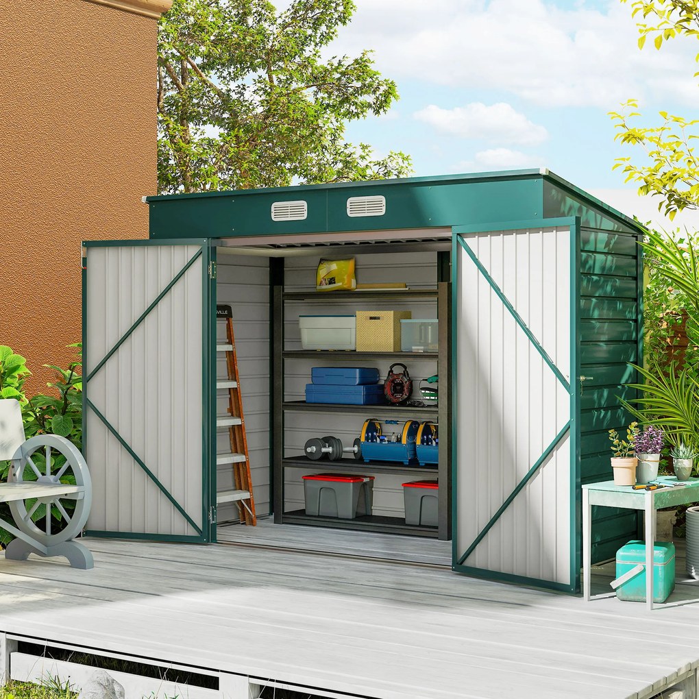 Capanno Porta Attrezzi 249x121x183 cm con 2 Prese d'Aria e Chiavistello in Acciaio Verde...