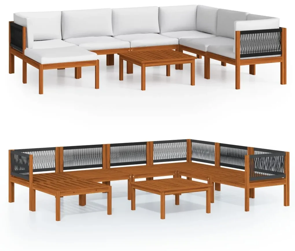 Set divani da giardino 8 pz con cuscini crema massello acacia