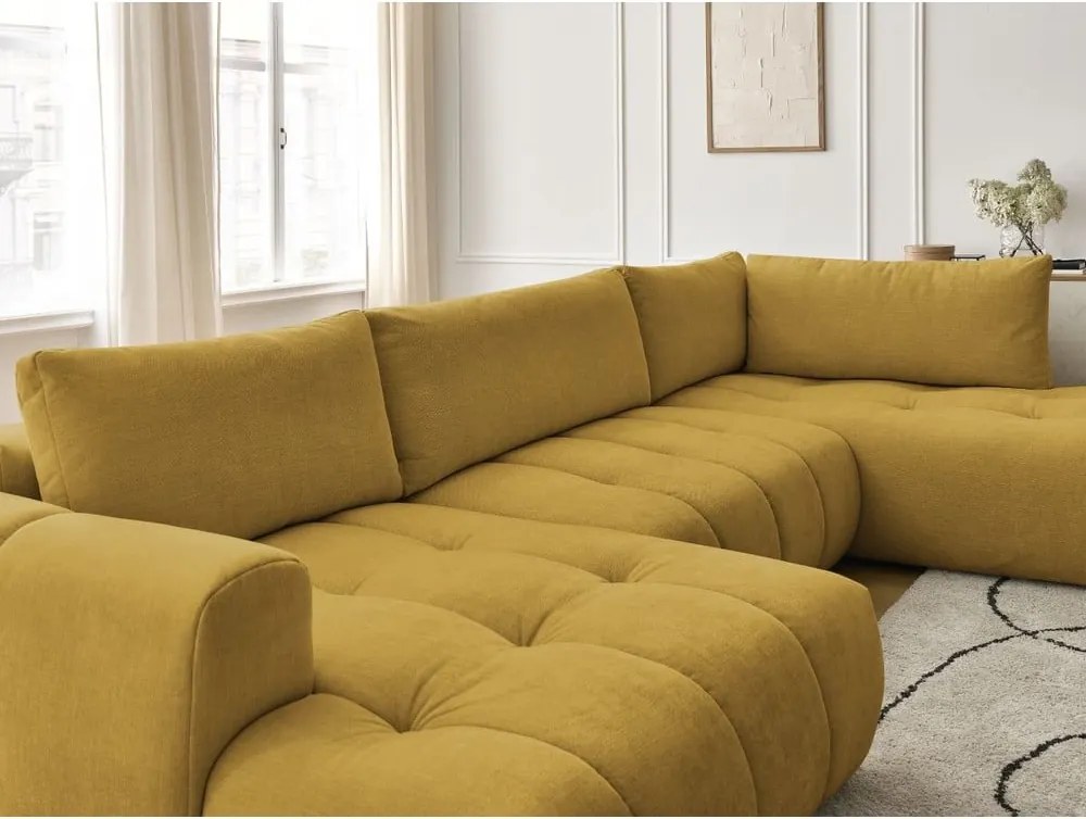 Divano angolare color senape allungabile e con contenitore (penisola a destra/a U) con rivestimento in ciniglia Fuji – Bobochic Paris