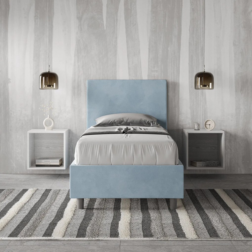 Letto singolo imbottito 80x200 microfibra Adele senza rete, con rete e contenitore, Azzurro / Con Rete