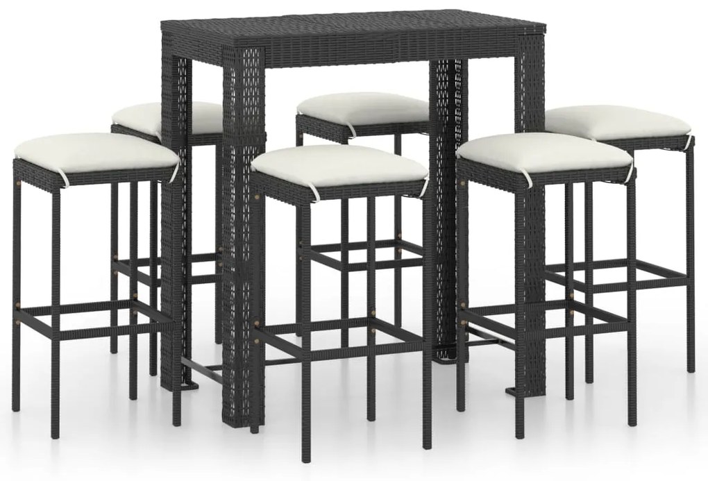 Set bar da giardino 7 pz con cuscini in polyrattan nero