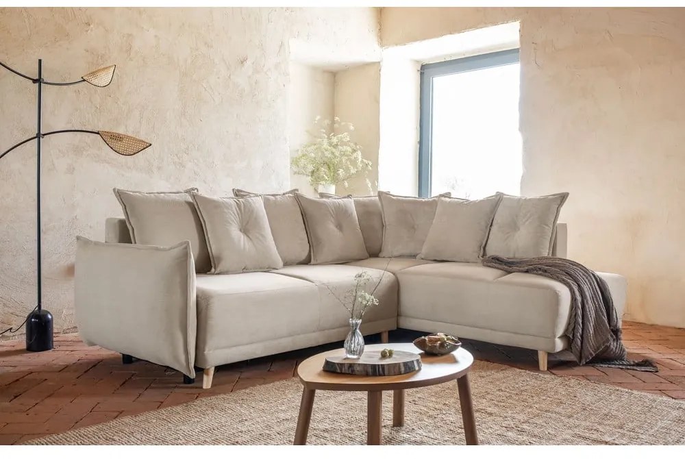 Divano letto angolare in velluto a coste beige (angolo destro) Lazy Lukka - Miuform
