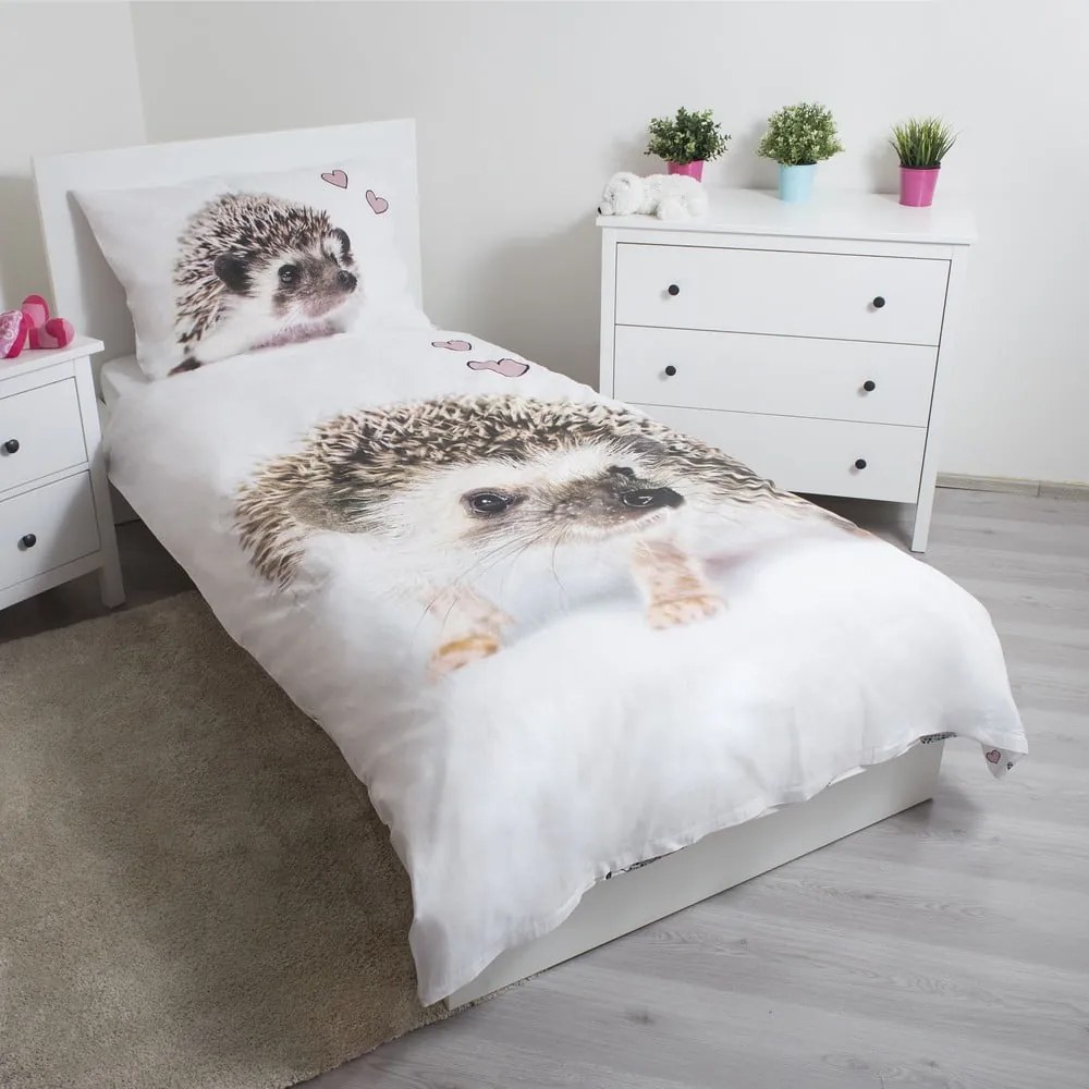 Set copripiumino e federa da bambini bianco/marrone in cotone per letto singolo 140x200 cm Hedgehog – Jerry Fabrics