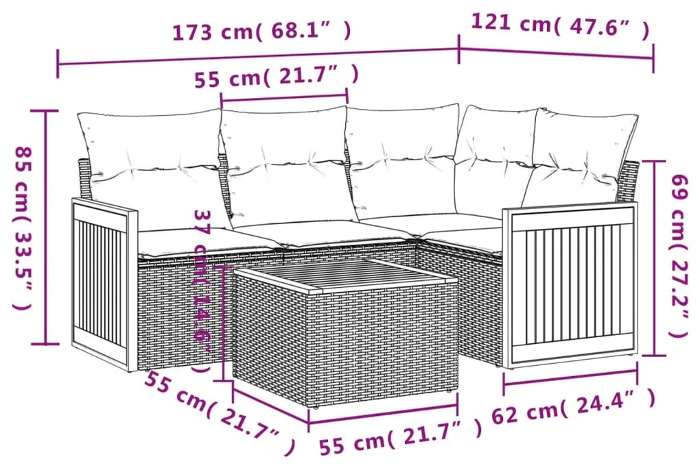 Set divano da giardino 5 pz con cuscini grigio in polyrattan