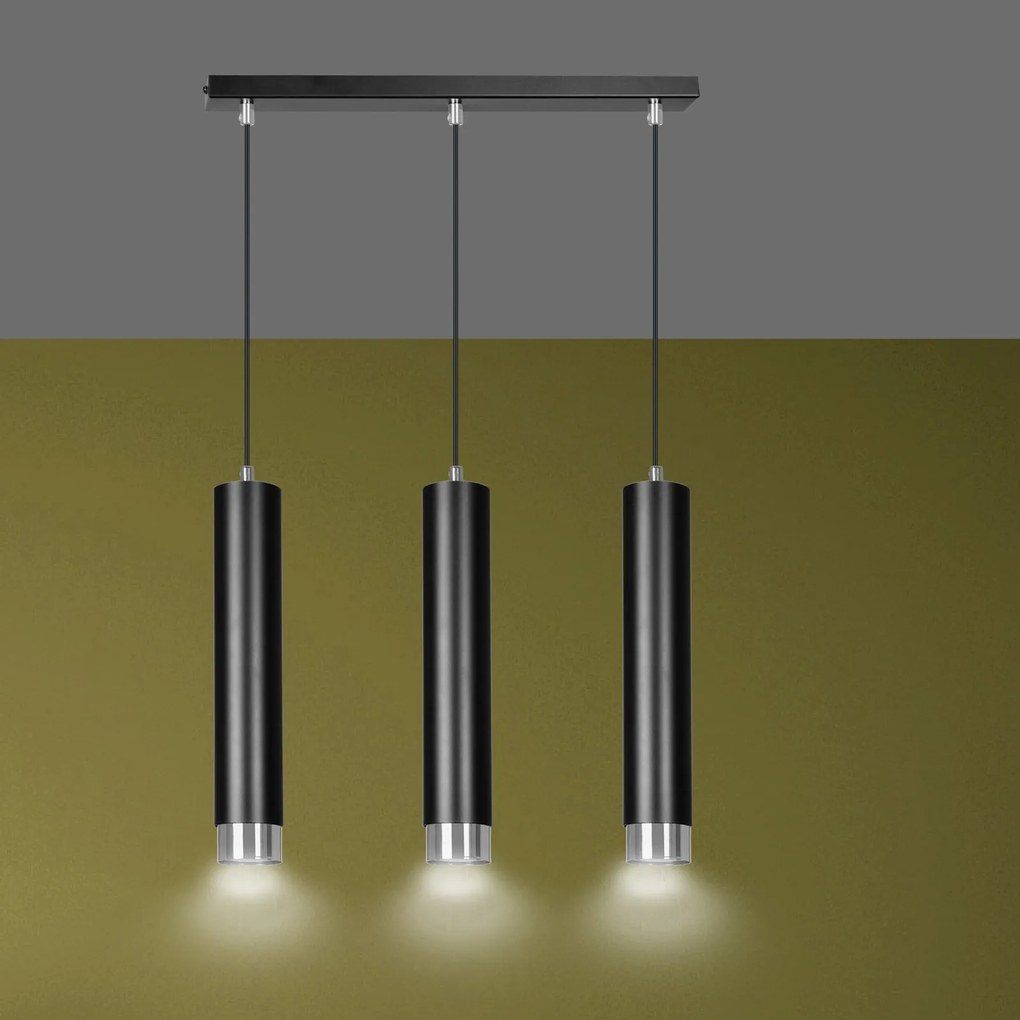 Lampadario 3 Luci Kibo In Acciaio Nero E Tubolari In Nero E Cromo