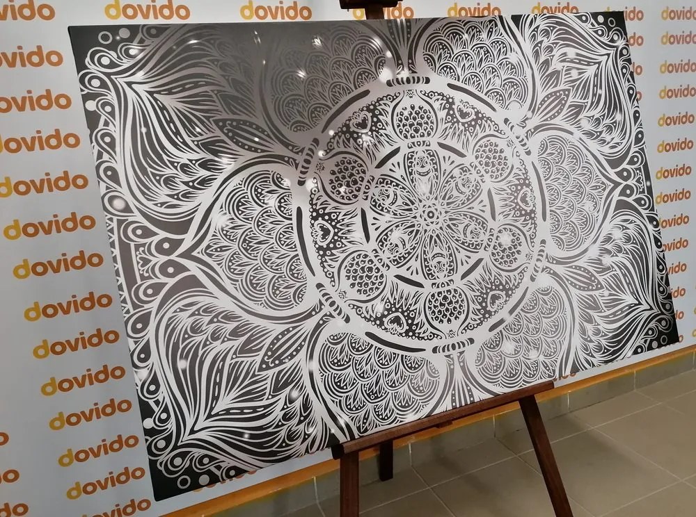 Stampa su tela – Mandala indiana con sfondo galattico in bianco e nero
