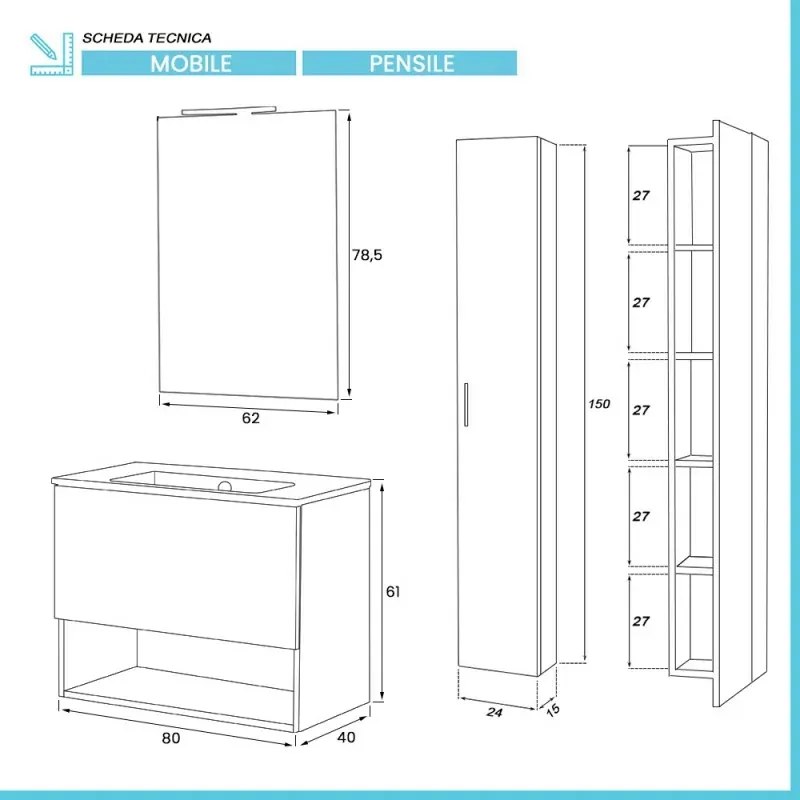 Mobile bagno sospeso 80 bianco con pensile 150 lavabo e specchio Martha