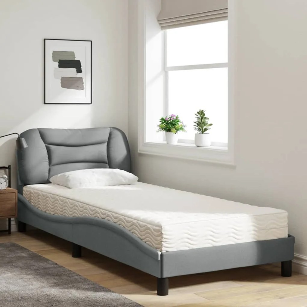 Letto con materasso grigio chiaro 90x200 cm in tessuto