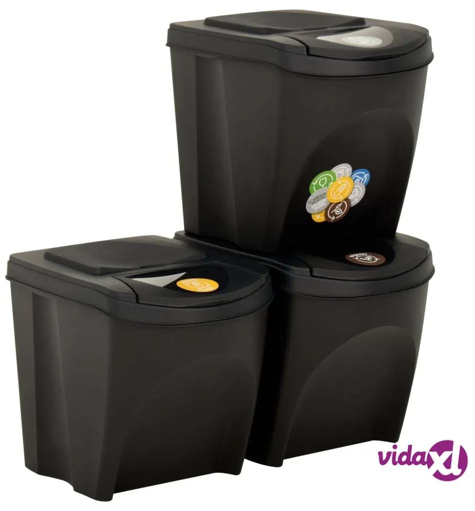 vidaXL Cestini per Rifiuti Impilabili 3 pz Antracite 75 L