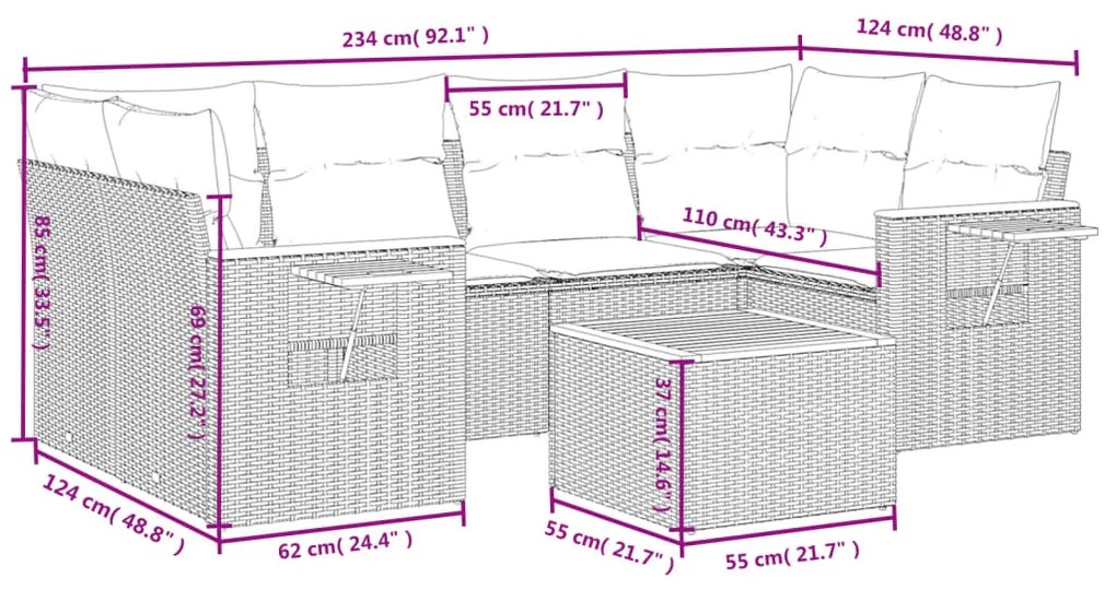 Set divani da giardino con cuscini 7pz nero polyrattan