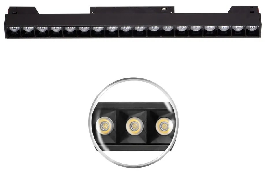 Faro LED Lineare 18W Magnetico 32cm CRI92 UGR16 Nero 48V Colore Bianco Caldo 3.000K
