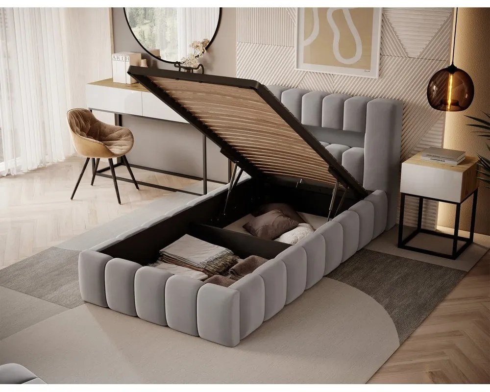 Letto singolo imbottito grigio con contenitore e rete inclusi 90x200 cm Lamica – ELTAP